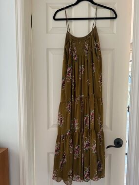 Madewell Olive Green Floral Tiered Maxi Dress with Pink Accents